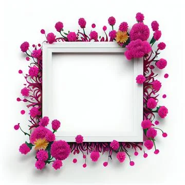 An empty square frame with magenta flowers on white background. Stock-Illustration