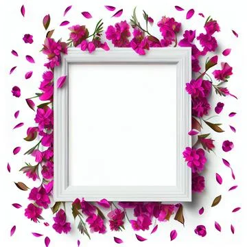 An empty square frame with magenta flowers on white background. Stock-Illustration