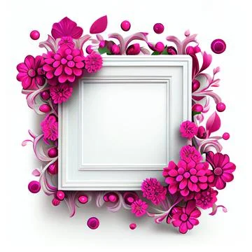 An empty square frame with magenta flowers on white background. Stock-Illustration