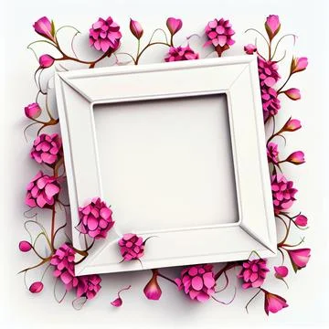 An empty square frame with magenta flowers on white background. Stock-Illustration
