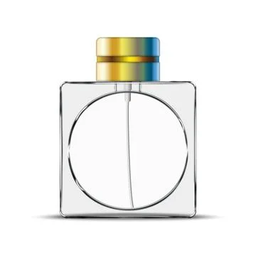 Empty square glass perfume bottle realistic model 3d vector front view with.. Stock Illustration