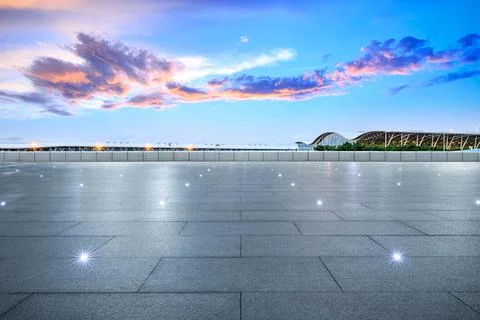 Empty square with modern skyline and buildings at the airport. Stock Photos