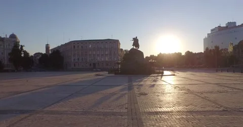 Empty square near Monument to Cossack’s commander Bogdan Khmelnitsky . Aerial Stock Footage 57377182