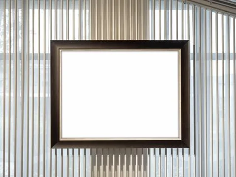 Empty square picture frame mockup on modern window blinds wall, ideas for s.. Stock Photos