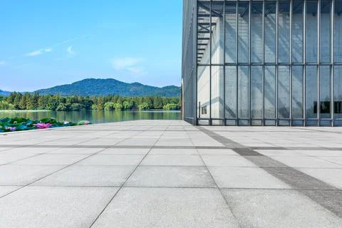 Empty square platform and beautiful lake with mountain natural landscape. Stock Photos