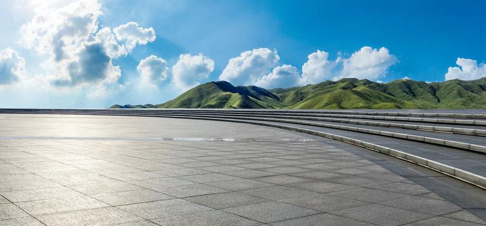 Empty square platform and green mountain with sky cloud landscape. Stock Photos