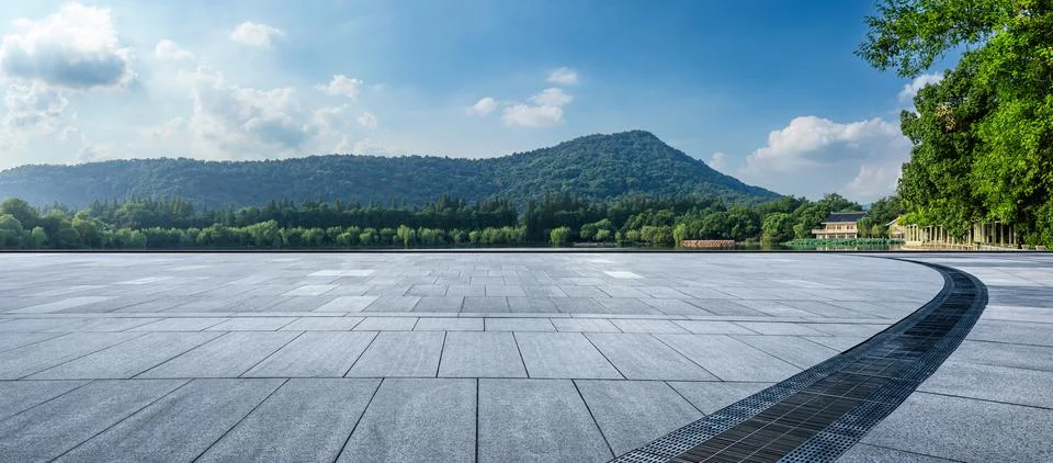 Empty square platform and green mountain with forest landscape in Hangzhou. Stock Photos