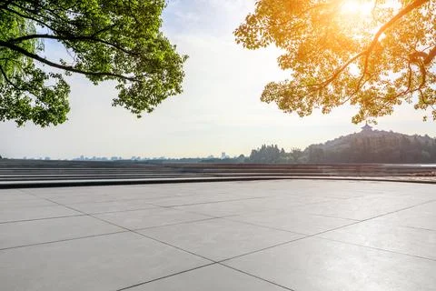 Empty square platform and green mountain with sky cloud landscape. Stock Photos