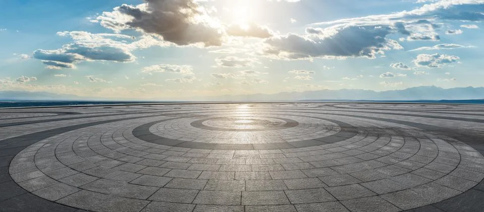 Empty square platform and mountain with sky cloud landscape. Stock Photos