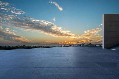 Empty square platform and sky sunset clouds background. Stock Photos