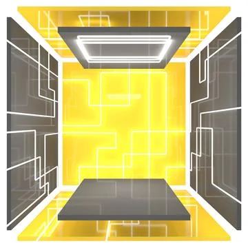 An empty square room with bright neon lights on the walls. The bottom is a .. Stock Illustration