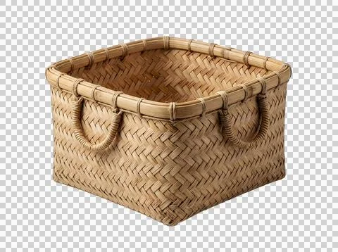 Empty square woven wicker storage basket with handles isolated on transpare.. Stock Photos