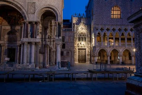 Empty St Marks Square and illuminated Basilica in the early Morning, Venice Stock Photos