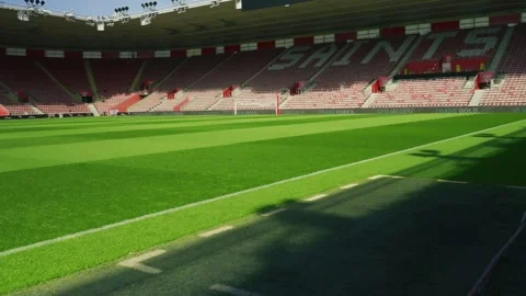 Empty St Mary’s Stadium Pitch with SAINTS Seating in Southampton Stock Footage 346258436