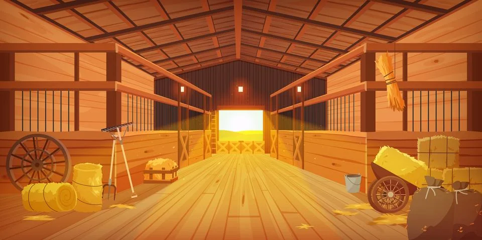 Empty stable inside, perspective view of aisle with stalls and gate, farm barn Stock Illustration