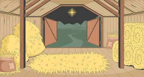 Empty stable interior with straw and star of Bethlehem illustration background Stock Illustration