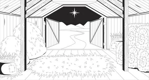 Empty stable interior with straw and star Bethlehem line illustration backdrop Stock Illustration