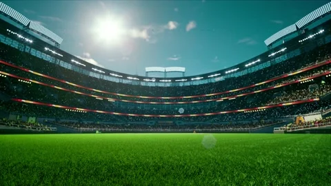 Empty stadium arena with animated fans crowd in the sunny day lights Video stock 164438451