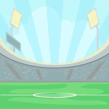 Empty stadium with a green grass in the day time under a blue sky, illuminated Illustrazione stock