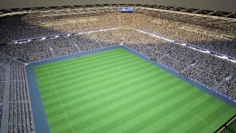 Empty stadium green turf computer graphics and soccer fans waiting Stock Illustration