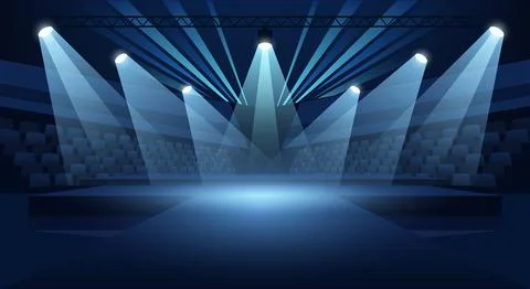 Empty stadium stage bright blue spotlights shining from a metallic overhead.. Stock Illustration