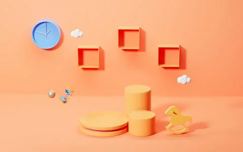 Empty stage and clock in a cartoon room, 3d rendering. 스톡 일러스트