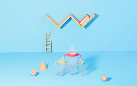 Empty stage and feeder-bottles with blue room, 3d rendering. Stock Illustration