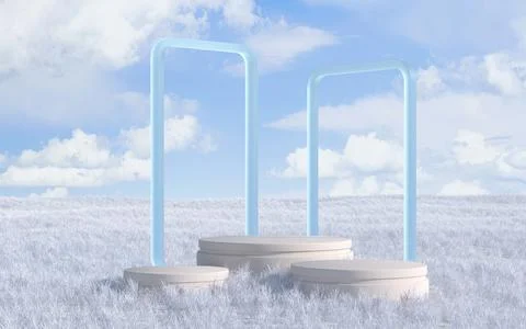 Empty stage and frame with outdoor background, 3d rendering. Illustrazione stock