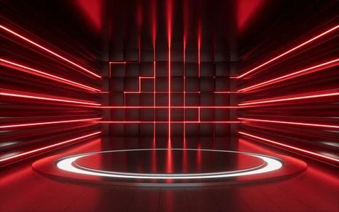 Empty stage and neon lines in the dark room, 3d rendering. Stock Illustration