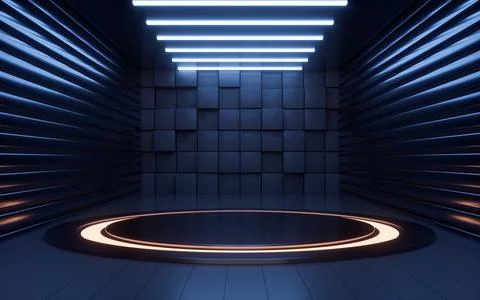 Empty stage and neon lines in the dark room, 3d rendering. Stock Illustration