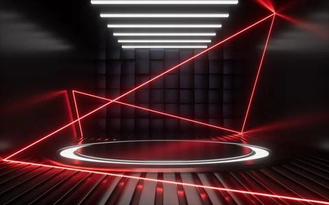 Empty stage and neon lines in the dark room, 3d rendering. Stock Illustration