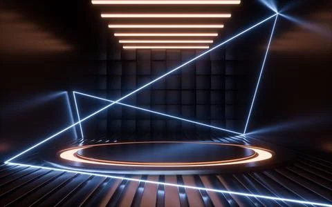 Empty stage and neon lines in the dark room, 3d rendering. Stock Illustration