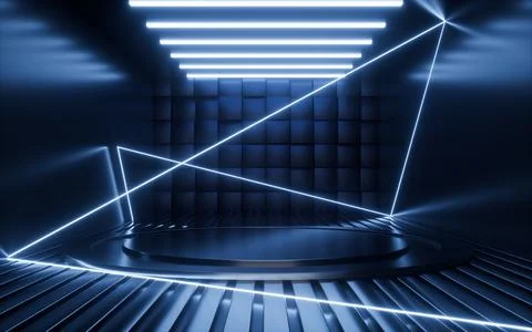 Empty stage and neon lines in the dark room, 3d rendering. Stock Illustration