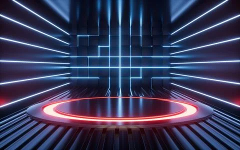 Empty stage and neon lines in the dark room, 3d rendering. Stock Illustration