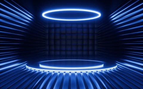 Empty stage and neon lines in the dark room, 3d rendering. Stock Illustration