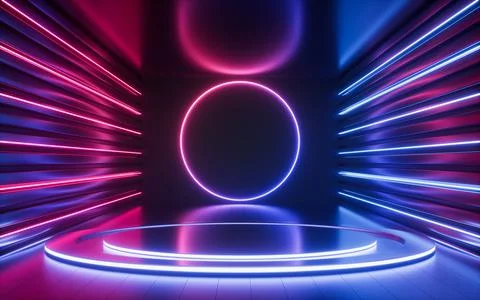 Empty stage and neon lines in the dark room, 3d rendering. Stock Illustration