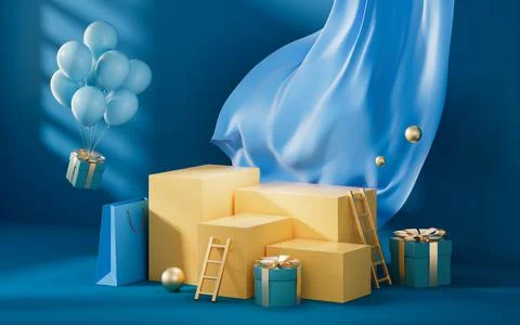 Empty stage with blue Chinese style background, 3d rendering. Stock Illustration