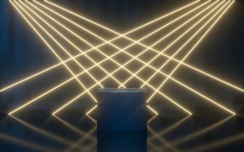 Empty stage with glowing neon lines, 3d rendering. Illustrazione stock