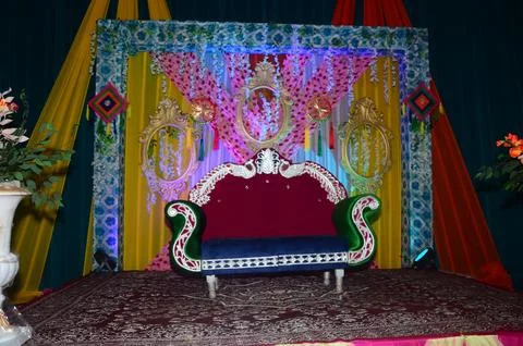 Empty stage for marriage with sofa set indian traditional marriage event Stock Photos