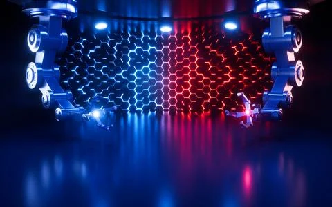 Empty stage with mechanical arm in the neon background, 3d rendering. Stock Illustration
