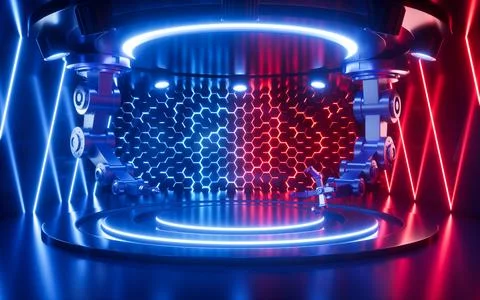 Empty stage with mechanical arm in the neon background, 3d rendering. Stock Illustration