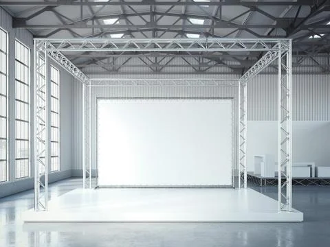 Empty stage with metal framework and blank billboard. 3d rendering Stock Photos