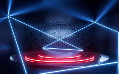 Empty stage with neon lights in the hexagonal background, 3d rendering. Stock Illustration