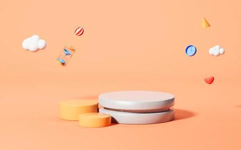 Empty stage with orange background, 3d rendering. Ilustração Stock