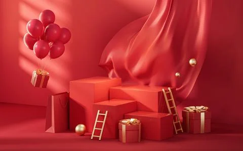 Empty stage with red Chinese style background, 3d rendering. Stock Illustration