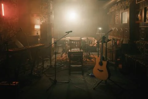 Empty stage of a small unplugged live music concert Stock Photos