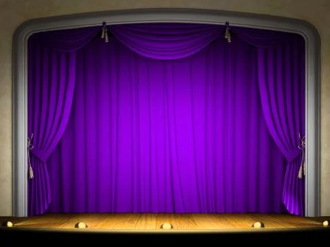 Empty stage with violet curtain in expectation of performance Stock Illustration