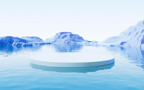 Empty stage with water surface and mountains background, 3d rendering. Stock Illustration