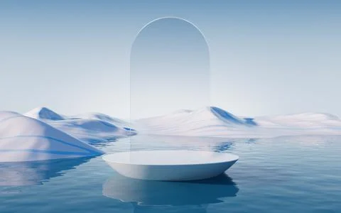 Empty stage with water surface background, 3d rendering. Illustrazione stock