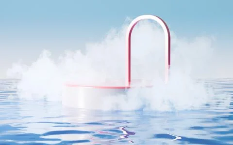 Empty stage on the water surface, white cloudy background, 3d rendering. Illustrazione stock